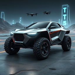 A super futuristic off-road car with sleek, aerodynamic lines and an innovative design