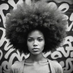 A woman with a large Afro hairstyle, represented in a rough sketch-style, black and white graffiti art, resonating an art-book vibe with unpolished charm.