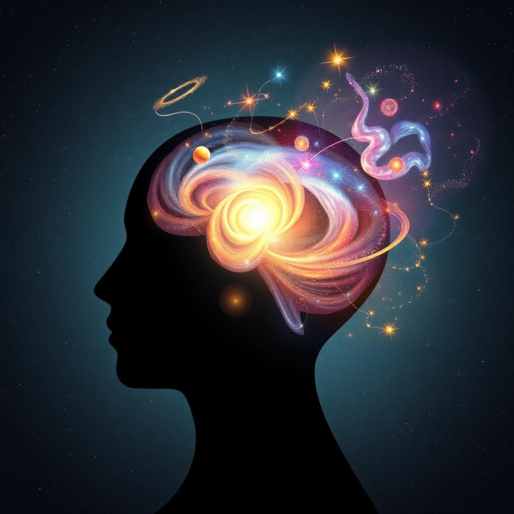 A conceptual illustration of the power of the human mind, featuring a silhouette of a human head with a vibrant universe exploding from it