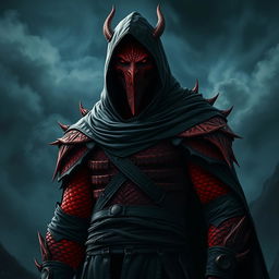 A fierce red Dragonborn warrior dressed in ominous black attire, featuring a closed face mask that conceals their identity