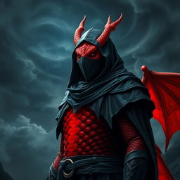 A fierce red Dragonborn warrior dressed in ominous black attire, featuring a closed face mask that conceals their identity