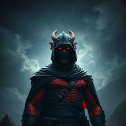 A fierce red Dragonborn warrior dressed in ominous black attire, featuring a closed face mask that conceals their identity