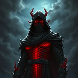 A fierce red Dragonborn warrior dressed in ominous black attire, featuring a closed face mask that conceals their identity