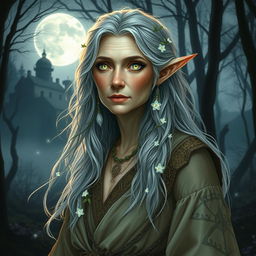 An older female astral elf druid with a mystical aura, displaying signs of wisdom gained from a life of complexity