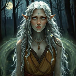 An older female astral elf druid with a mystical aura, displaying signs of wisdom gained from a life of complexity