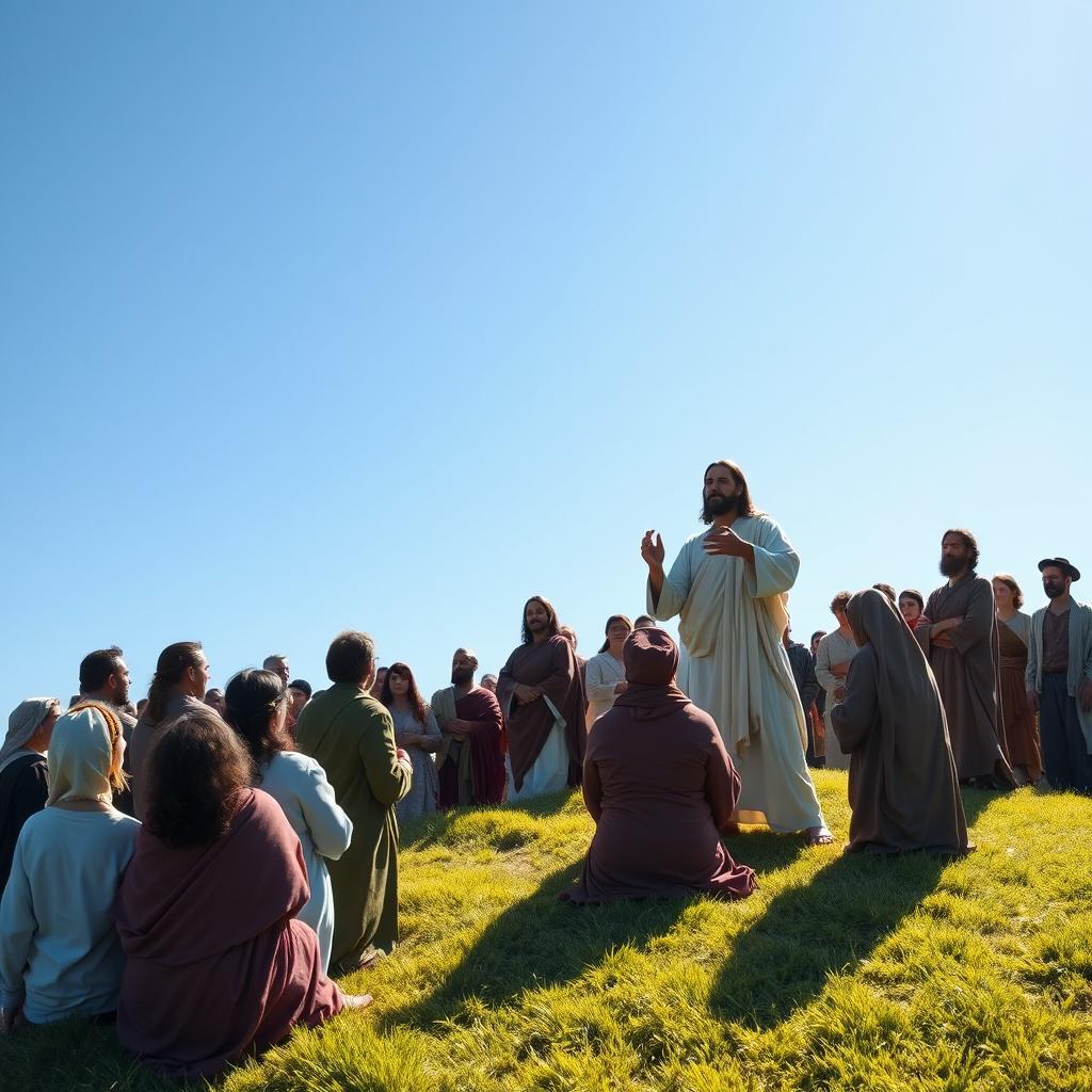 Jesus Christ delivering the Sermon on the Mount, surrounded by a diverse crowd of people from different ethnicities and cultures, all attentively listening