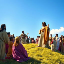 Jesus Christ delivering the Sermon on the Mount, surrounded by a diverse crowd of people from different ethnicities and cultures, all attentively listening