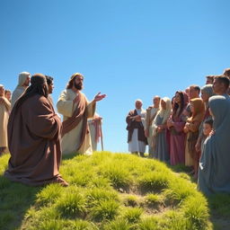 Jesus Christ delivering the Sermon on the Mount, surrounded by a diverse crowd of people from different ethnicities and cultures, all attentively listening