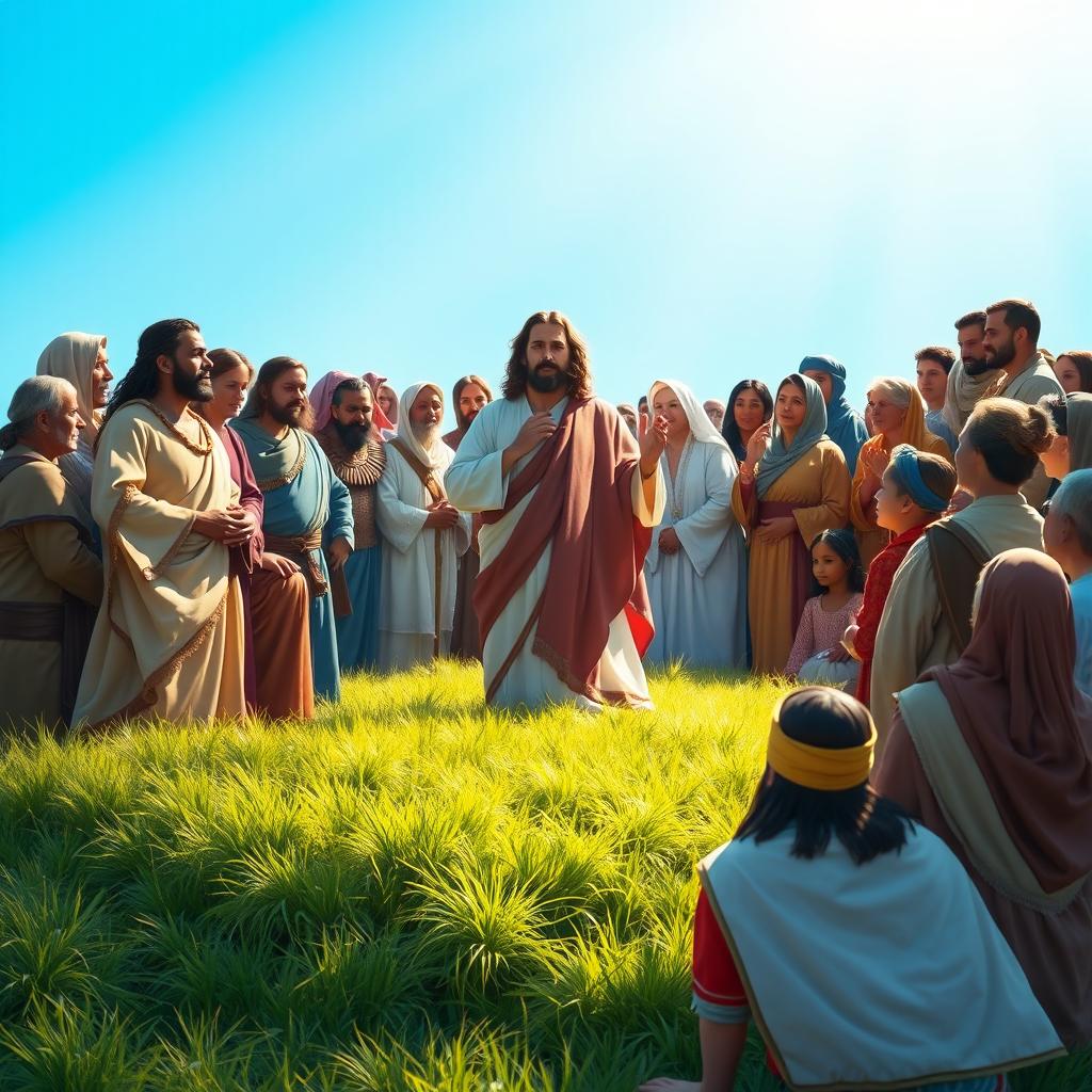 Jesus Christ delivering the Sermon on the Mount, surrounded by a diverse crowd of people from different ethnicities and cultures, all attentively listening