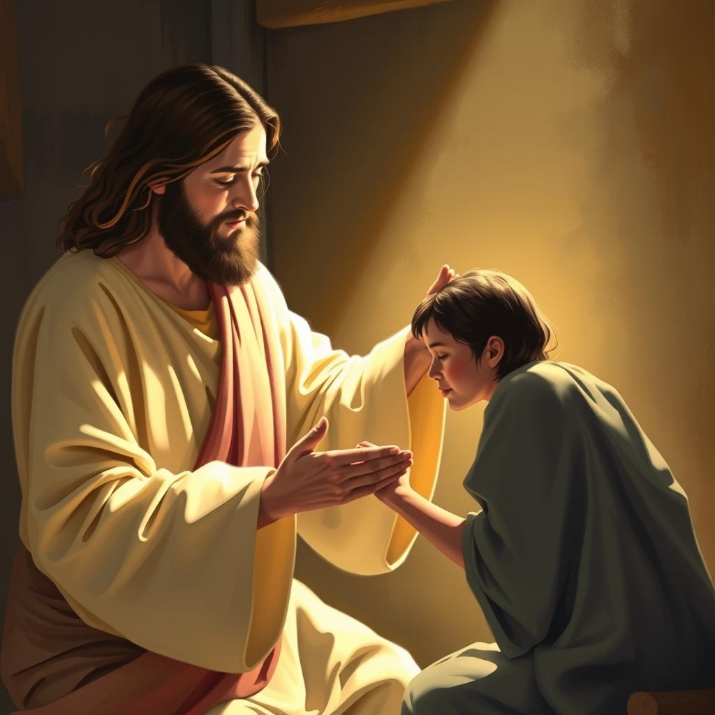 Jesus Christ extending His hand to comfort a person in need, a scene filled with compassion and love