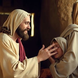 Jesus Christ extending His hand to comfort a person in need, a scene filled with compassion and love