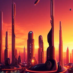 A sprawling, clean, high-energy, futuristic cityscape at sunset with flying cars, skyscrapers with glowing lights, and advanced technology scattered throughout.