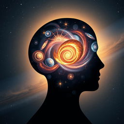 A captivating portrayal of the power of the human mind, illustrating a silhouette of a head with an awe-inspiring universe unfolding from within