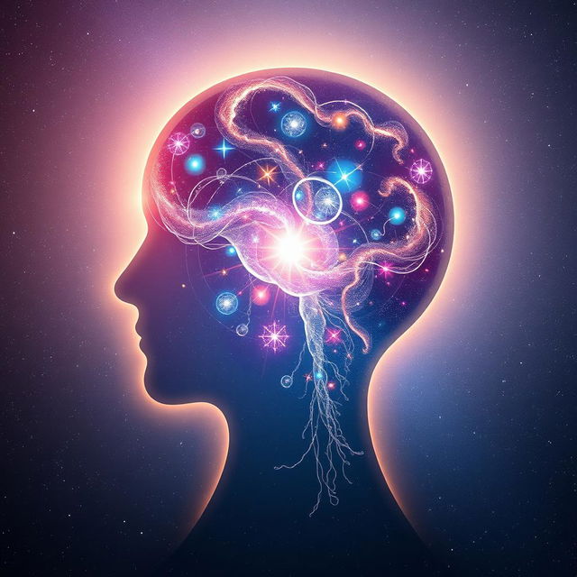 An awe-inspiring depiction of the power of the human mind, featuring a semi-transparent silhouette of a head through which a mesmerizing universe is emerging