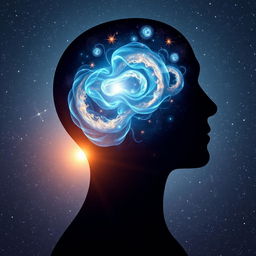 An awe-inspiring depiction of the power of the human mind, featuring a semi-transparent silhouette of a head through which a mesmerizing universe is emerging