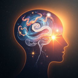 An awe-inspiring depiction of the power of the human mind, featuring a semi-transparent silhouette of a head through which a mesmerizing universe is emerging