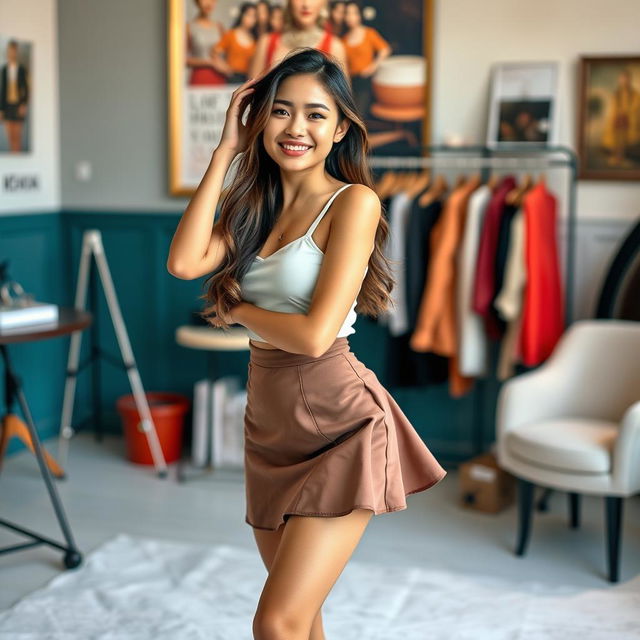 a confident 21-year-old woman posing playfully, wearing a stylish skirt, smiling warmly