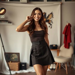 a confident 21-year-old woman posing playfully, wearing a stylish skirt, smiling warmly