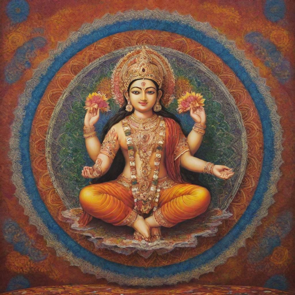 Intricate portrayal of a radiant Hindu deity, adorned in traditional garb, with the aura of divinity and peaceful serenity, set against a richly colored and detailed mandala backdrop