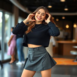 a confident 21-year-old woman posing playfully, wearing a stylish skirt, smiling warmly in a way that feels youthful and free