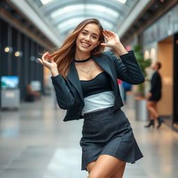 a confident 21-year-old woman posing playfully, wearing a stylish skirt, smiling warmly in a way that feels youthful and free