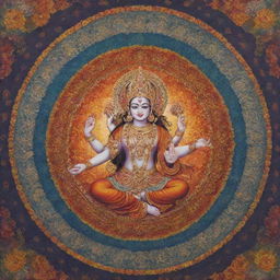 Intricate portrayal of a radiant Hindu deity, adorned in traditional garb, with the aura of divinity and peaceful serenity, set against a richly colored and detailed mandala backdrop