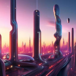 A sprawling, clean, high-energy, futuristic cityscape at sunset with flying cars, skyscrapers with glowing lights, and advanced technology scattered throughout.