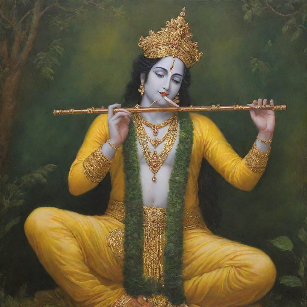 An exquisite painting of Lord Krishna, a revered Hindu deity, dressed in royal yellow garments, playing his signature flute with a backdrop of verdant Vrindavan