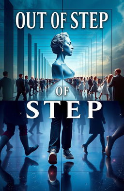 A fantastical book cover titled 'OUT OF STEP' depicting a surreal scene with a Janus-like figure