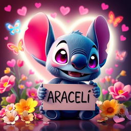 A 3D rendering of a cute, fluffy Chibi style baby Stitch character, smiling with vibrant pink eyes, holding a sign that reads "ARACELI"