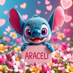 A 3D rendering of a cute, fluffy Chibi style baby Stitch character, smiling with vibrant pink eyes, holding a sign that reads "ARACELI"