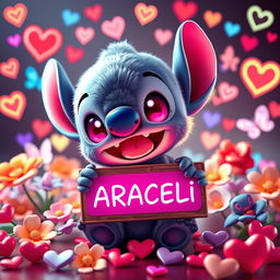 A 3D rendering of a cute, fluffy Chibi style baby Stitch character, smiling with vibrant pink eyes, holding a sign that reads "ARACELI"