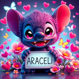 A 3D rendering of a cute, fluffy Chibi style baby Stitch character, smiling with vibrant pink eyes, holding a sign that reads "ARACELI"