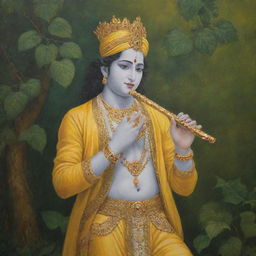 An exquisite painting of Lord Krishna, a revered Hindu deity, dressed in royal yellow garments, playing his signature flute with a backdrop of verdant Vrindavan