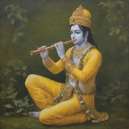 An exquisite painting of Lord Krishna, a revered Hindu deity, dressed in royal yellow garments, playing his signature flute with a backdrop of verdant Vrindavan