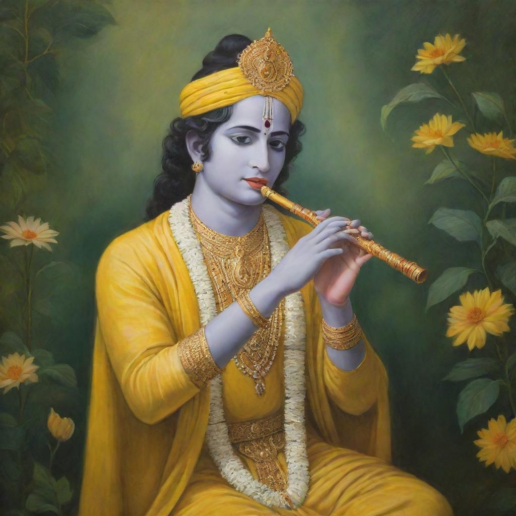 An exquisite painting of Lord Krishna, a revered Hindu deity, dressed in royal yellow garments, playing his signature flute with a backdrop of verdant Vrindavan