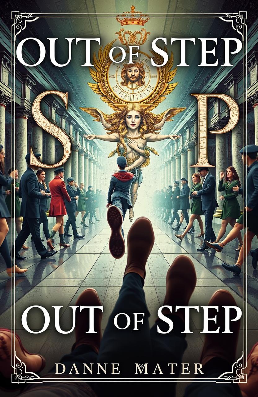 A captivating fantasy book cover titled "OUT OF STEP" featuring an imaginative scene depicting both marchers and dancers