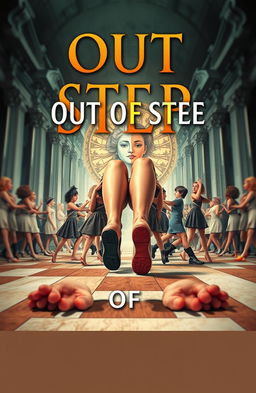 A captivating fantasy book cover titled "OUT OF STEP" featuring an imaginative scene depicting both marchers and dancers