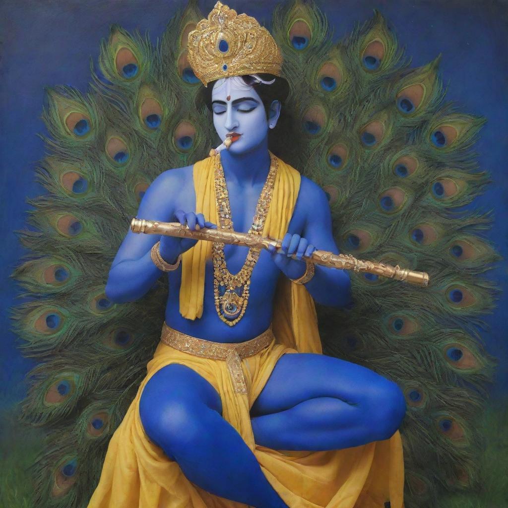 Spiritual artwork depicting Lord Krishna in his signature royal blue skin and yellow dhoti, playing a flute under a peacock-feathered crown, with a serene background of Gokul garden