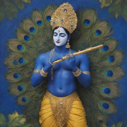 Spiritual artwork depicting Lord Krishna in his signature royal blue skin and yellow dhoti, playing a flute under a peacock-feathered crown, with a serene background of Gokul garden