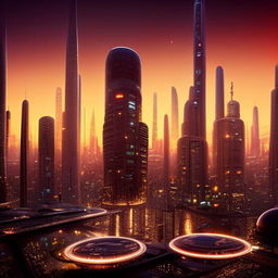 A sprawling, clean, high-energy, futuristic cityscape at sunset with flying cars, skyscrapers with glowing lights, and advanced technology scattered throughout.