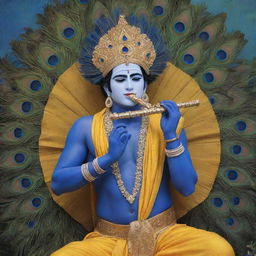 Spiritual artwork depicting Lord Krishna in his signature royal blue skin and yellow dhoti, playing a flute under a peacock-feathered crown, with a serene background of Gokul garden