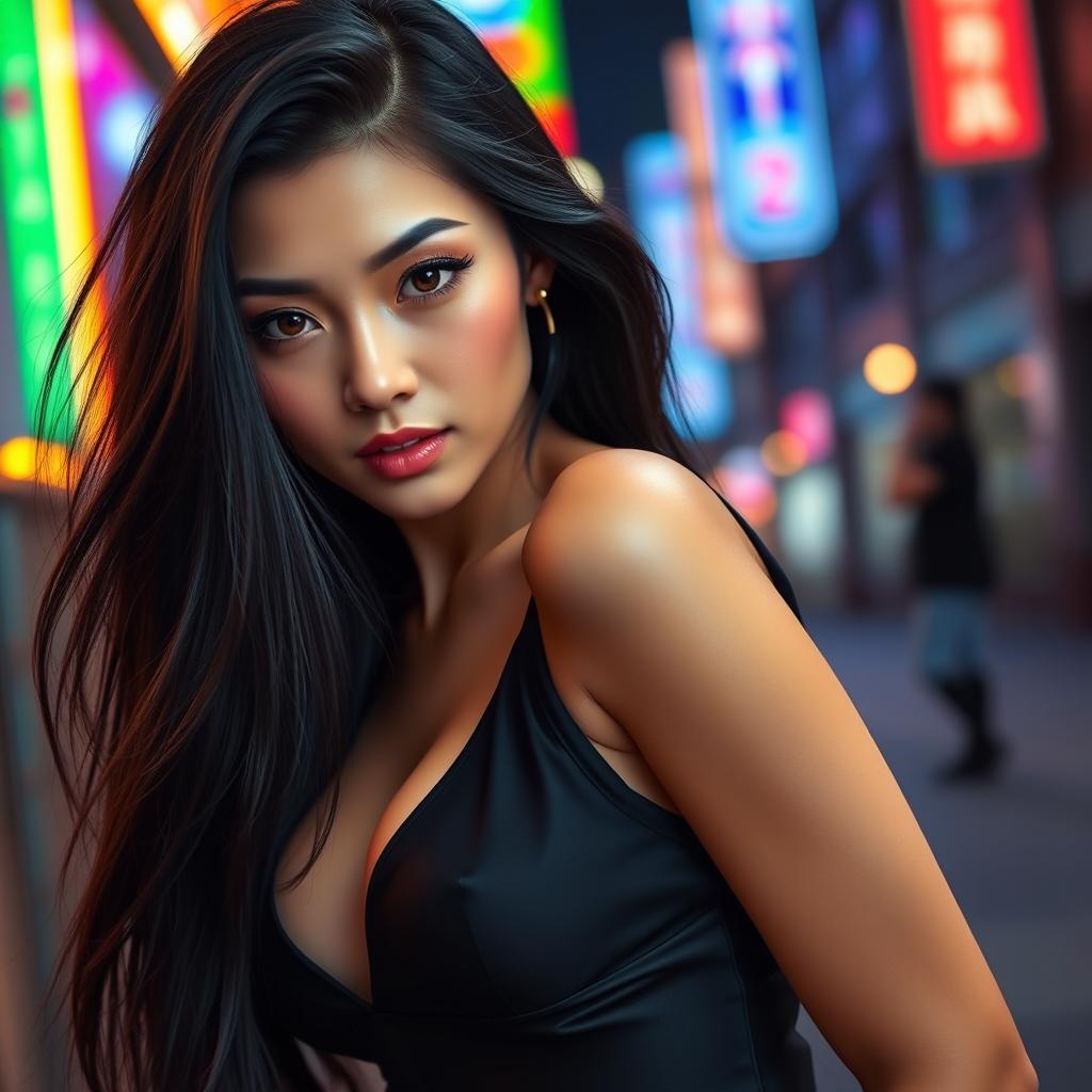 A stunning and sexy Asian woman with captivating eyes, long flowing black hair, and an alluring expression