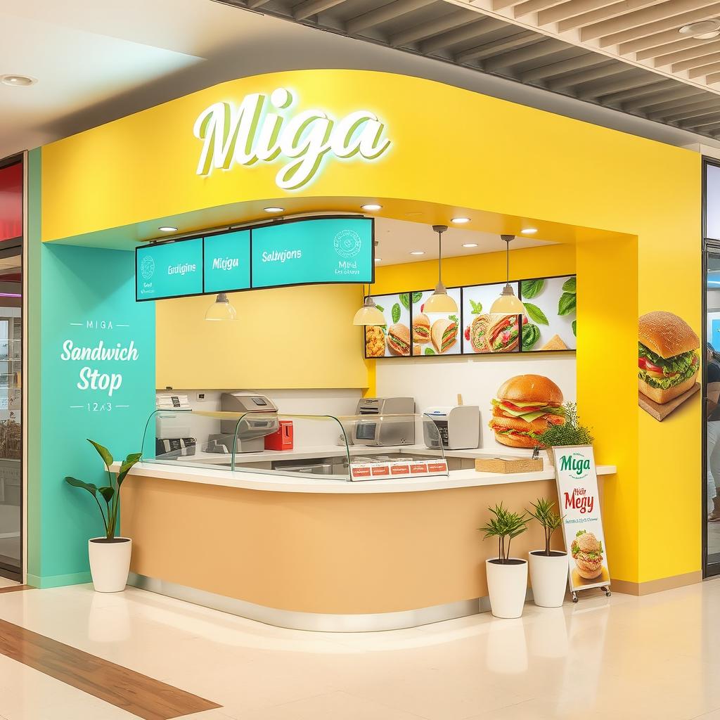 A cozy and vibrant sandwich shop design within a shopping mall, measuring 2