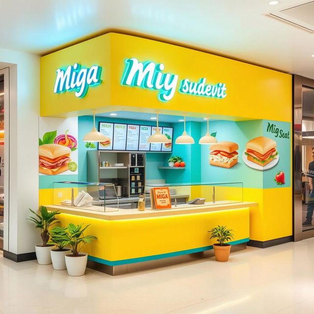 A cozy and vibrant sandwich shop design within a shopping mall, measuring 2