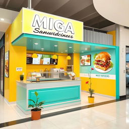 A cozy and vibrant sandwich shop design within a shopping mall, measuring 2