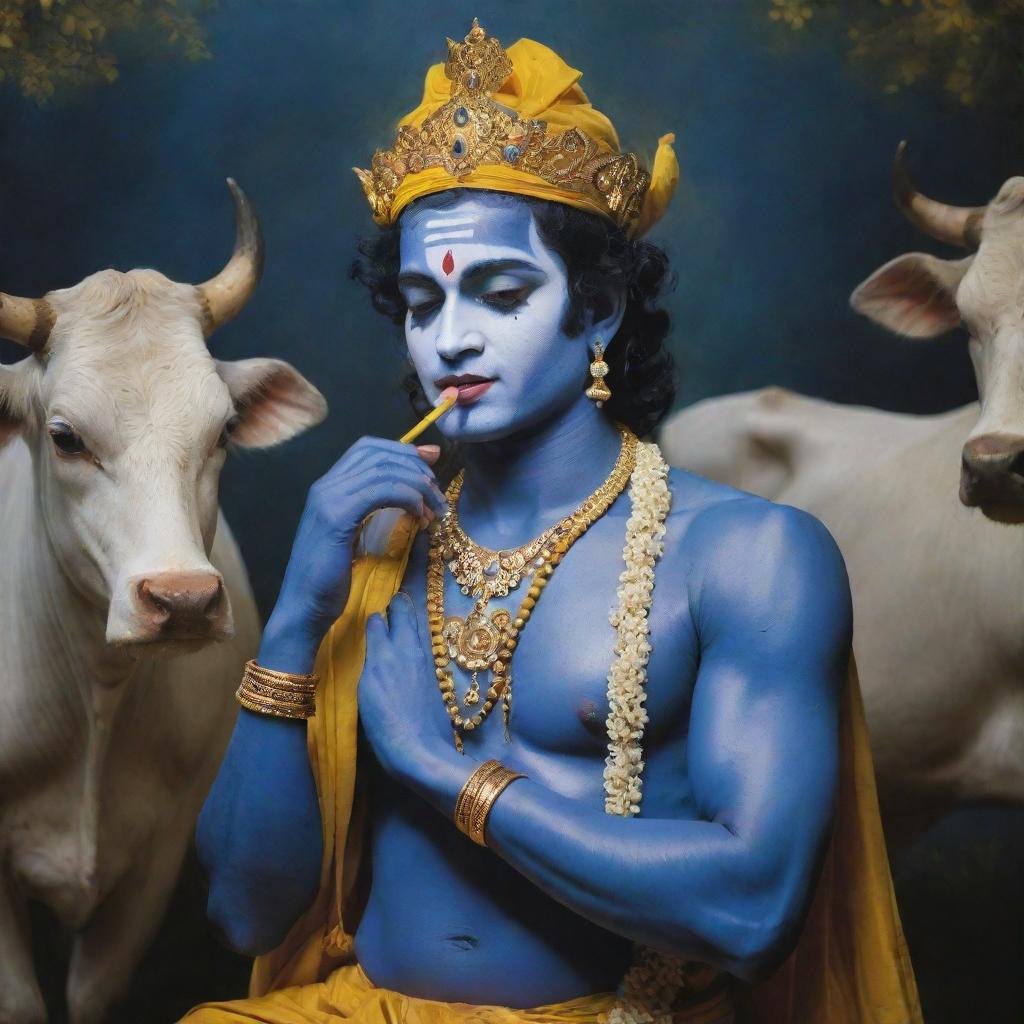 An enchanting expression of Lord Krishna, depicted with deep blue skin and traditional yellow attire, enchanting the cows of Vrindavan with the melodious tunes from his divine flute