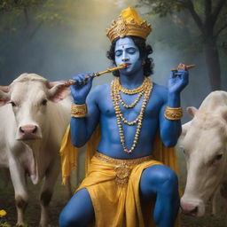 An enchanting expression of Lord Krishna, depicted with deep blue skin and traditional yellow attire, enchanting the cows of Vrindavan with the melodious tunes from his divine flute