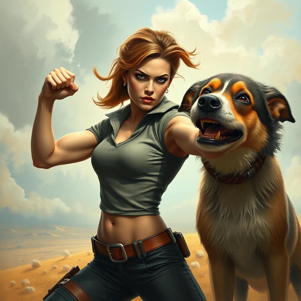 A surreal scene depicting a strong, determined woman in an action stance, confidently defending herself against a bizarre creature