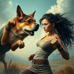 A surreal scene depicting a strong, determined woman in an action stance, confidently defending herself against a bizarre creature